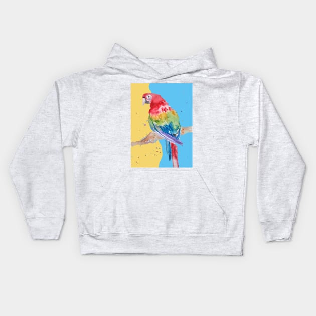 Parrot Watercolor Painting Macaw - on blue and yellow Kids Hoodie by SarahRajkotwala